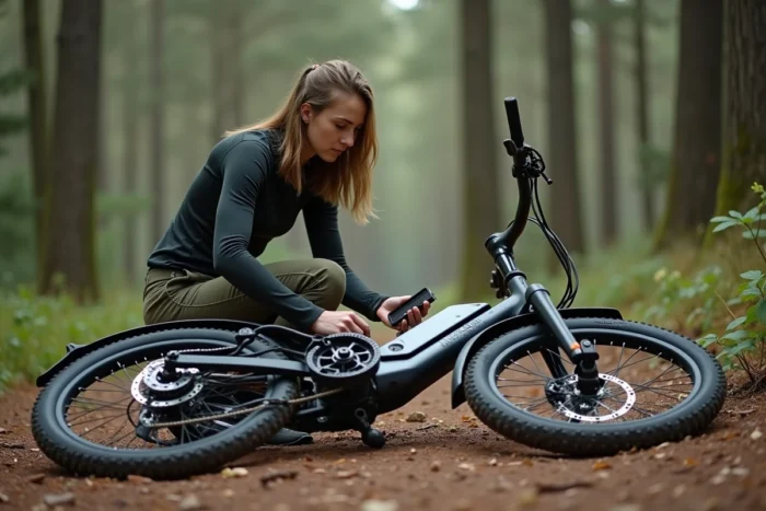 Cycliste féminine inspectant la batterie d'un VTT électrique Rockrider E-ST 100 en forêt lors d'une panne