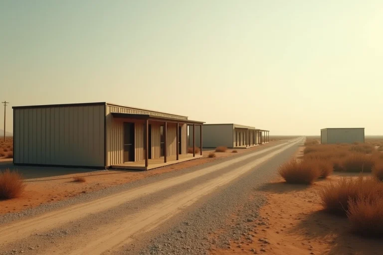 Résidence modulaire de style ranch dans le désert texan de Boca Chica, vue grand angle en lumière chaude