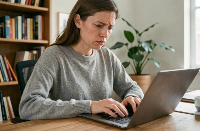 Femme consultant son webmail Numericable sur un ordinateur portable dans un bureau à domicile