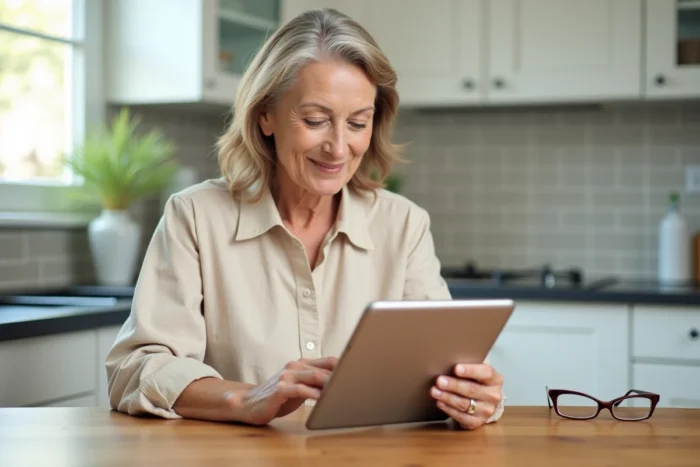 Femme retraitée envoyant des documents en ligne à Agirc-Arrco depuis sa tablette dans sa cuisine