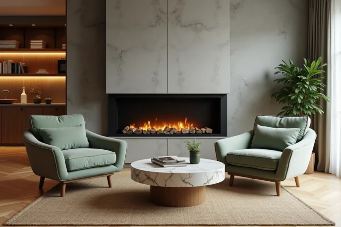 Salon intérieur chaleureux avec cheminée moderne, fauteuils en velvet et décoration artisanale pour un espace de vie convivial