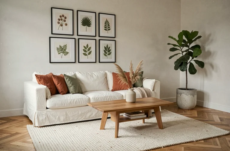 Salon scandinave minimaliste avec canapé en lin blanc, coussins terracotta et plante verte dans un intérieur décoré avec soin