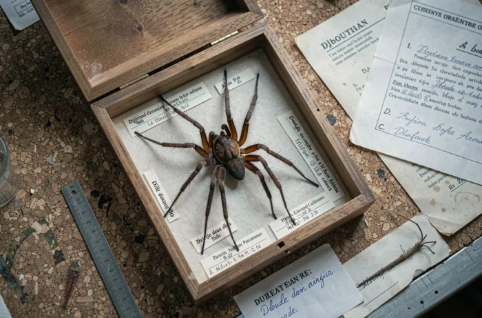 Spécimen d'araignée couteau de Djibouti épinglé dans une boîte entomologique de laboratoire avec étiquettes scientifiques et règle de mesure