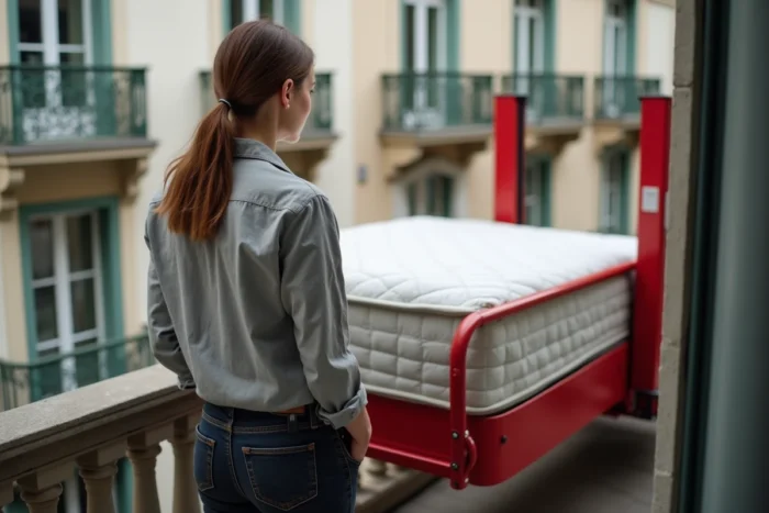 Femme supervisant le levage d'un matelas par lift extérieur sur un balcon d'appartement à Bruxelles