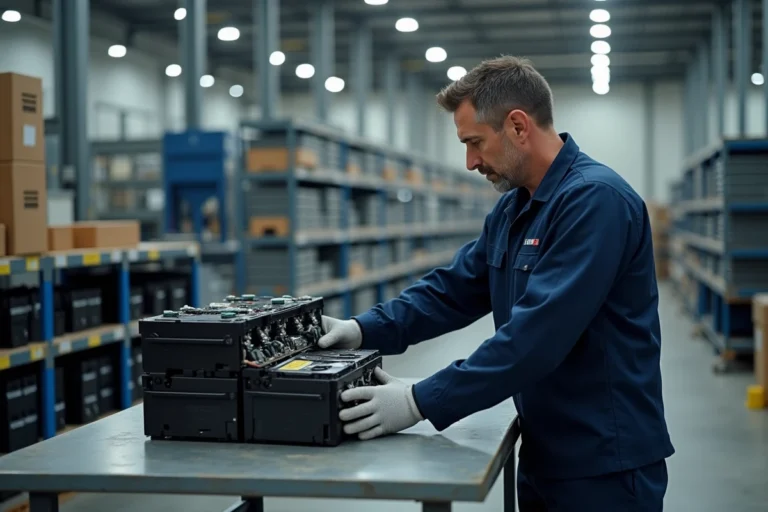 Technicien inspectant un pack batterie de véhicule électrique dans un centre de recyclage Derichebourg