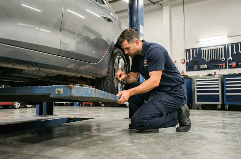 Technicien Renault inspectant une voiture sur un pont élévateur dans un garage professionnel