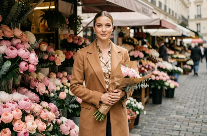 Femme élégante au look beauté naturel tenant un bouquet de fleurs devant un marché floral parisien en plein air