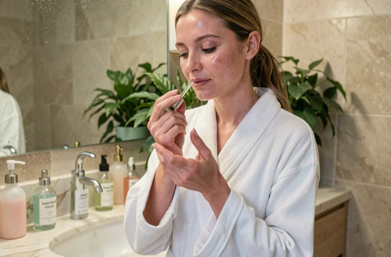 Femme appliquant un sérum visage devant une salle de bain en marbre avec des produits de soin soigneusement disposés
