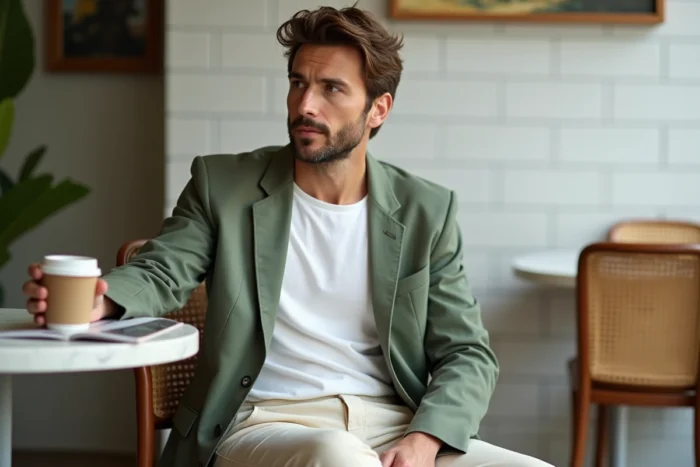 Homme stylé en blazer lin vert sauge assis dans un café parisien, look tendance mode masculine printemps-été