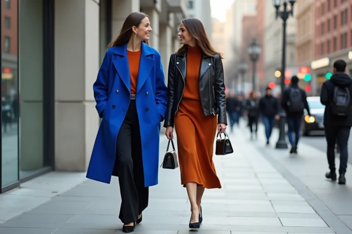 Deux femmes marchant en ville avec des tenues tendance colorées, manteau trench bleu et robe tricot rouille, inspirations mode de l'année