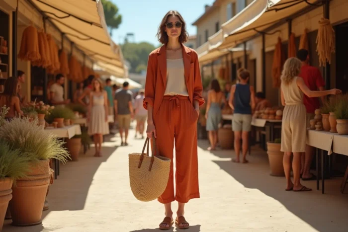 Femme en co-ord lin terracotta avec sac en raphia dans un marché provençal en plein air, tendances mode printemps-été style méditerranéen