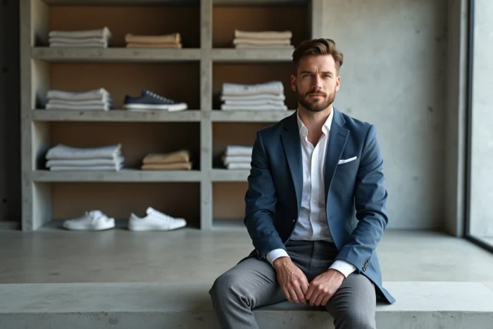 Homme en blazer bleu ardoise et pantalon gris tailleur assis dans un concept store minimaliste, tendances mode masculine contemporaine