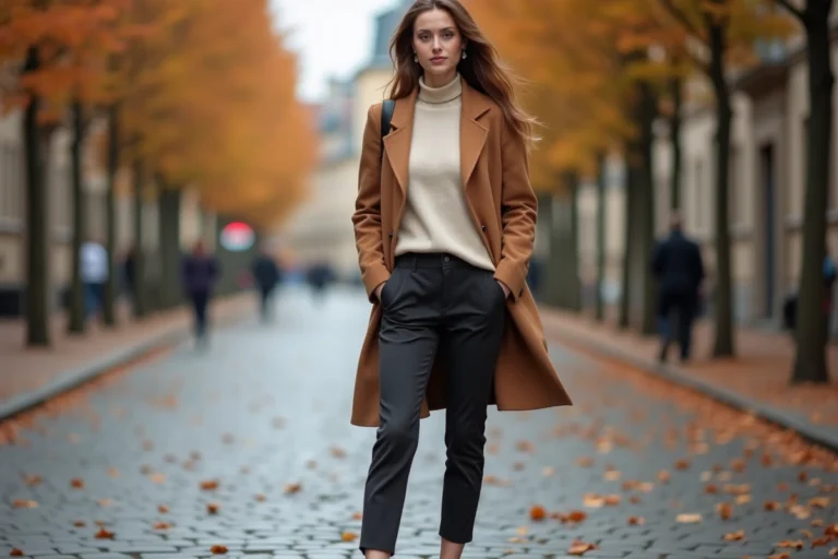 Femme élégante portant un manteau camel et un col roulé crème dans une rue pavée en automne, tendances mode intemporelles