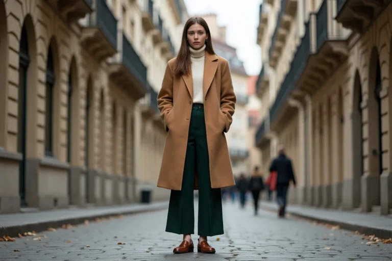 Femme élégante portant un manteau camel oversize et un pantalon large vert forêt dans une ruelle pavée européenne, tendances mode automne-hiver