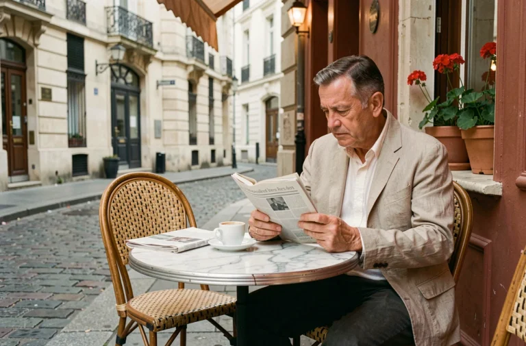 Homme lisant son journal en terrasse d'un café parisien classique avec tasse d'espresso sur table en marbre