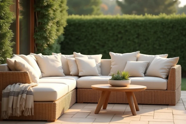 Terrasse conviviale aménagée avec un canapé en rotin et table basse en teck pour un espace extérieur confortable