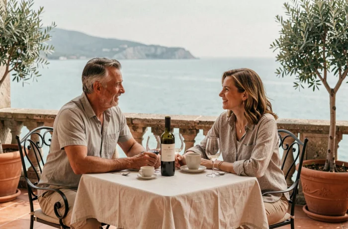Couple d'adultes profitant d'un moment intime en terrasse privée d'un hôtel de charme avec vue sur la mer