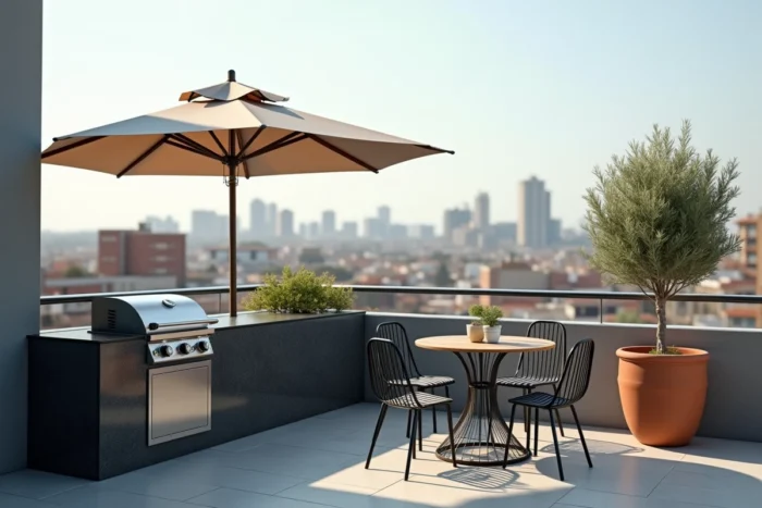 Terrasse rooftop équipée d'un barbecue encastré et d'une table à manger en bois avec vue sur les toits de la ville