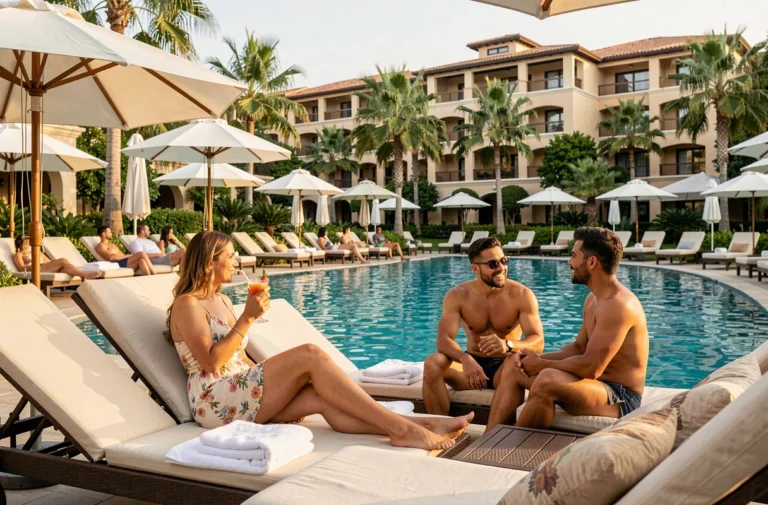 Groupe de vacanciers adultes se détendant au bord d'une grande piscine dans un club de vacances tout compris méditerranéen