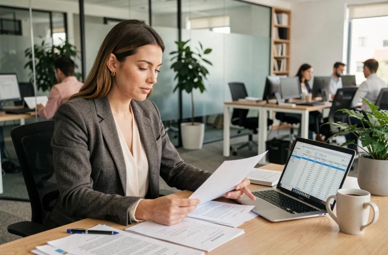 Femme vacataire en bureau examinant des documents de rémunération et un tableau de calcul de salaire sur ordinateur portable