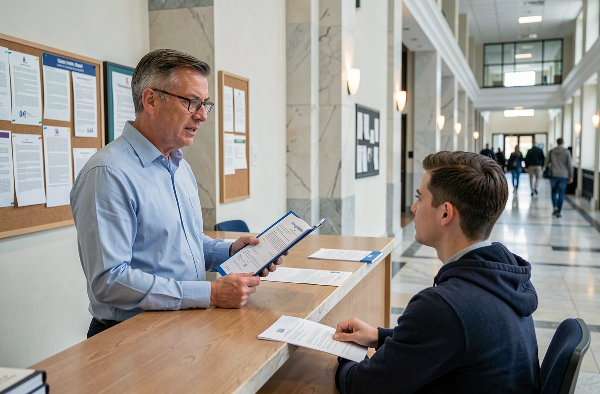 Homme vacataire discutant d'un contrat de travail avec un responsable administratif dans un bâtiment universitaire public
