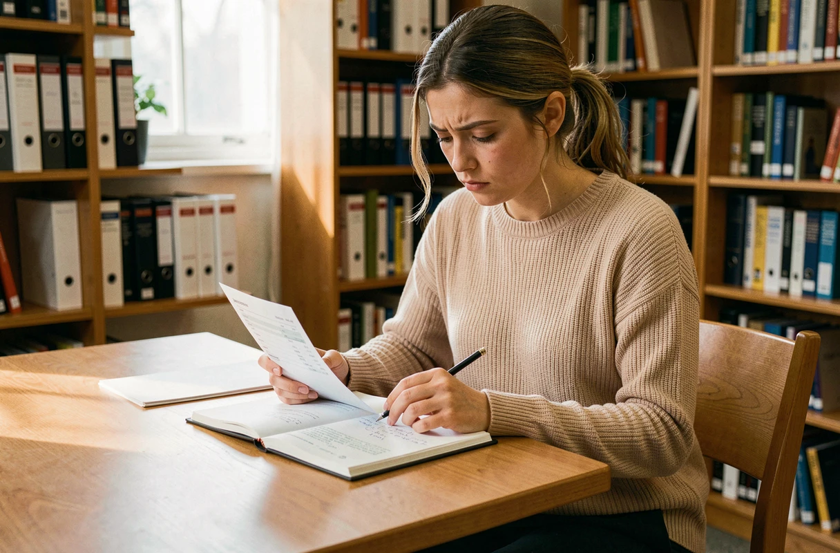 Jeune vacataire analysant une fiche de paie et ses droits salariaux dans une bibliothèque administrative