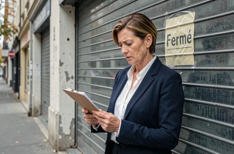 Femme d'affaires consultant des documents devant une boutique définitivement fermée avec rideau métallique baissé