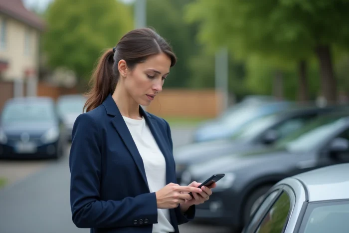 Femme vérifiant le solde de points de son permis de conduire sur smartphone dans un parking résidentiel