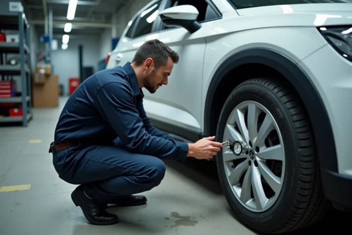 Mécanicien vérifiant la pression des pneus d'une Seat Ibiza blanche avec un manomètre numérique dans un garage automobile