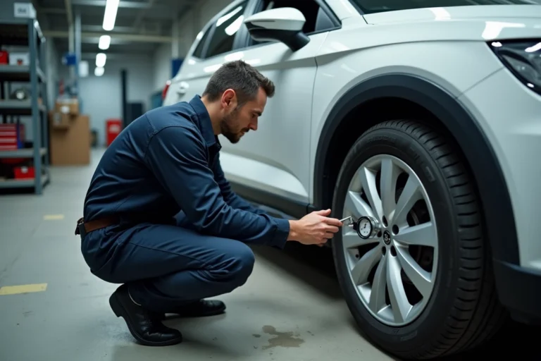 Mécanicien vérifiant la pression des pneus d'une Seat Ibiza blanche avec un manomètre numérique dans un garage automobile