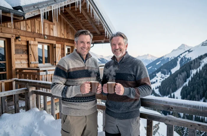 Couple en tenue de montagne sur la terrasse enneigée d'un chalet Villages Club du Soleil dans les Alpes
