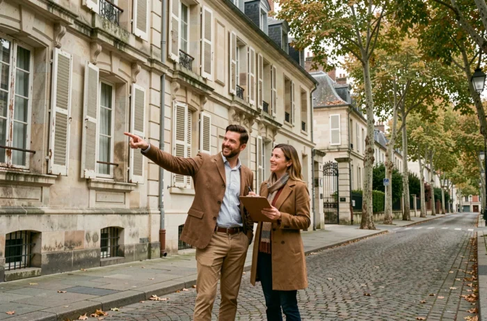 Couple visitant une maison de ville en pierre à Lyon pour un projet d'investissement immobilier