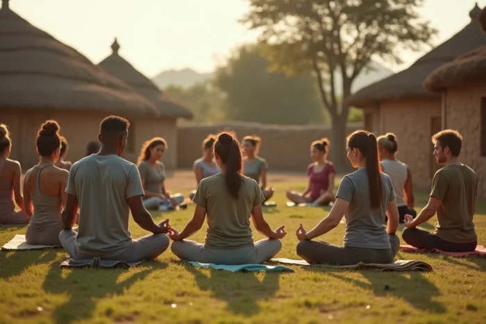 Séance de yoga en plein air réunissant des participants de tous âges dans un village africain dans le cadre d'une initiative sportive solidaire internationale